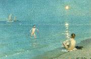 Peter Severin Kroyer badende drenge en sommeraften ved skagen strand oil painting on canvas